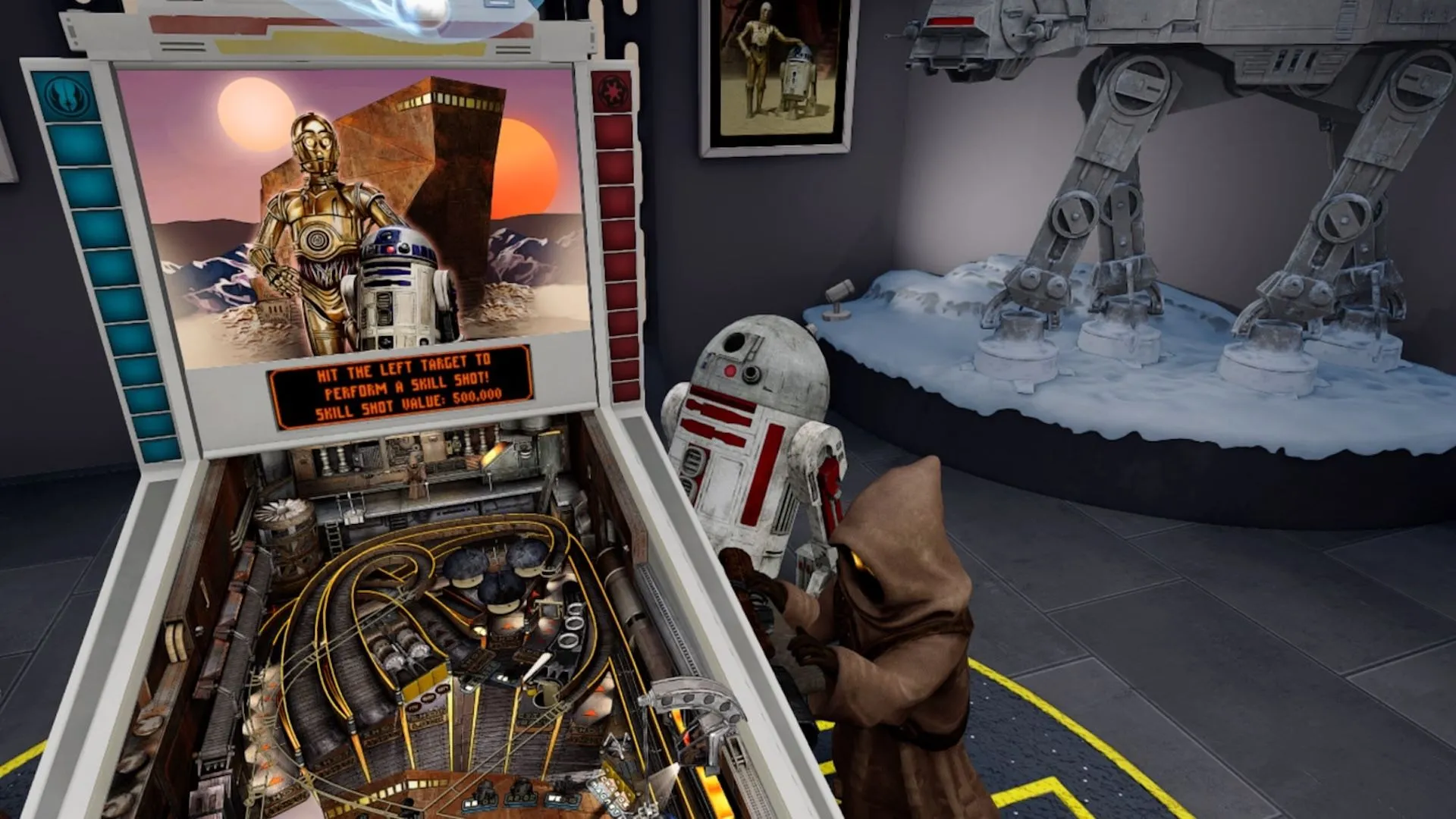 Một droid và jawa bên cạnh bàn pinball trong Star Wars Pinball VR.