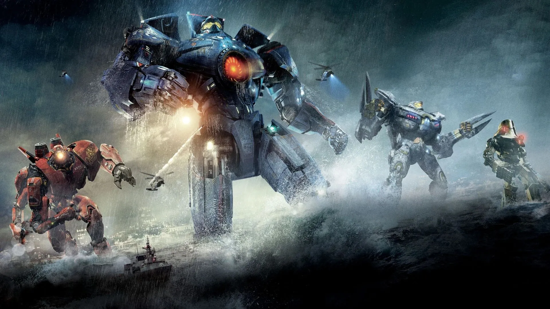 Một Jaeger và Kaiju đang chiến đấu ác liệt trong bối cảnh thành phố từ bộ phim Pacific Rim