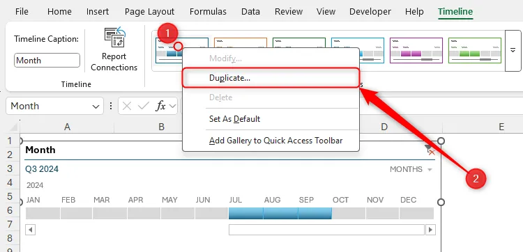 Một kiểu Timeline của Excel được chọn qua chuột phải, và tùy chọn Duplicate được đánh dấu.