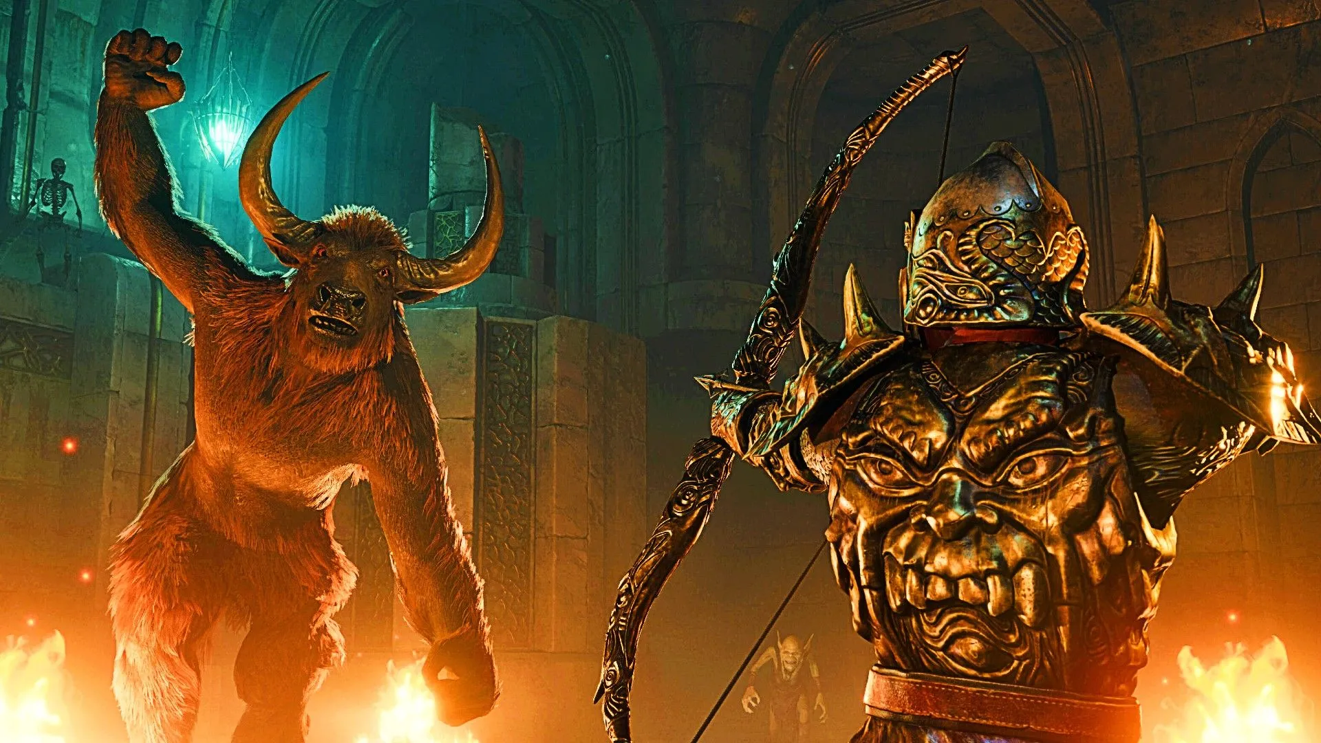 Một nhân vật mặc giáp trụ đầy đủ đang giương cung nhắm vào một minotaur gần ngọn lửa trong The Elder Scrolls IV Oblivion Remastered.