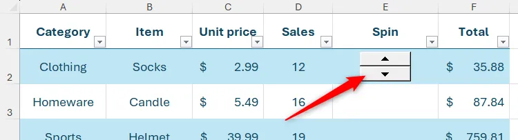 Một nút xoay được đặt trong một ô trong bảng Excel