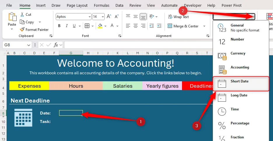 Một ô trong Excel được định dạng kiểu ngày ngắn gọn để hiển thị hạn chót.