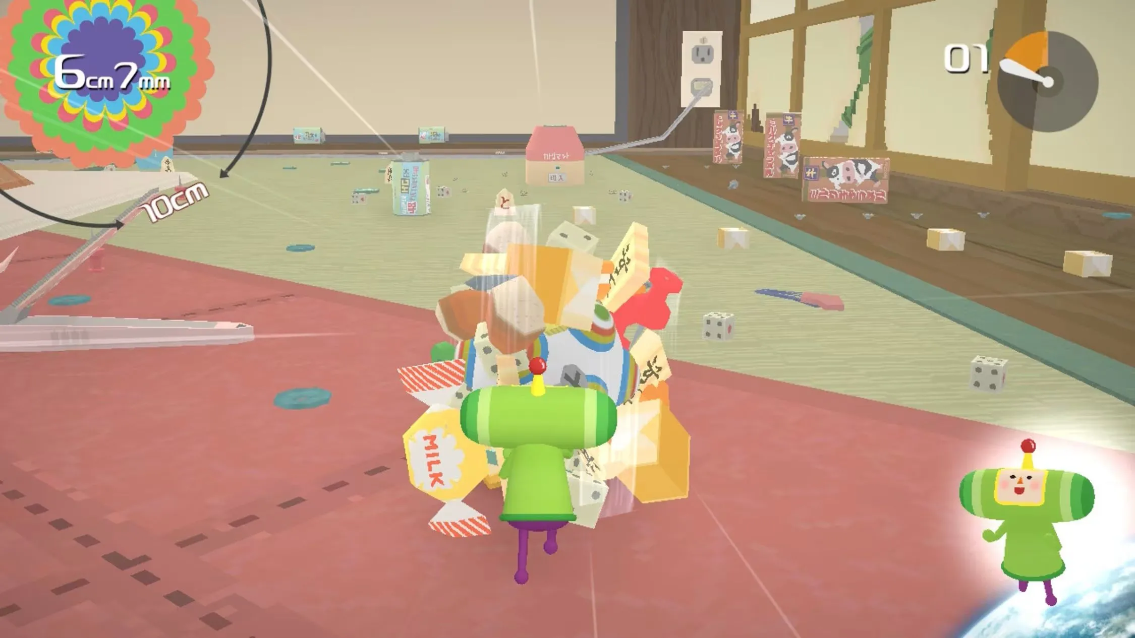 Một quả bóng khổng lồ lăn thu thập rác trong Katamari Damacy REROLL, một tựa game kinh điển trên PS2