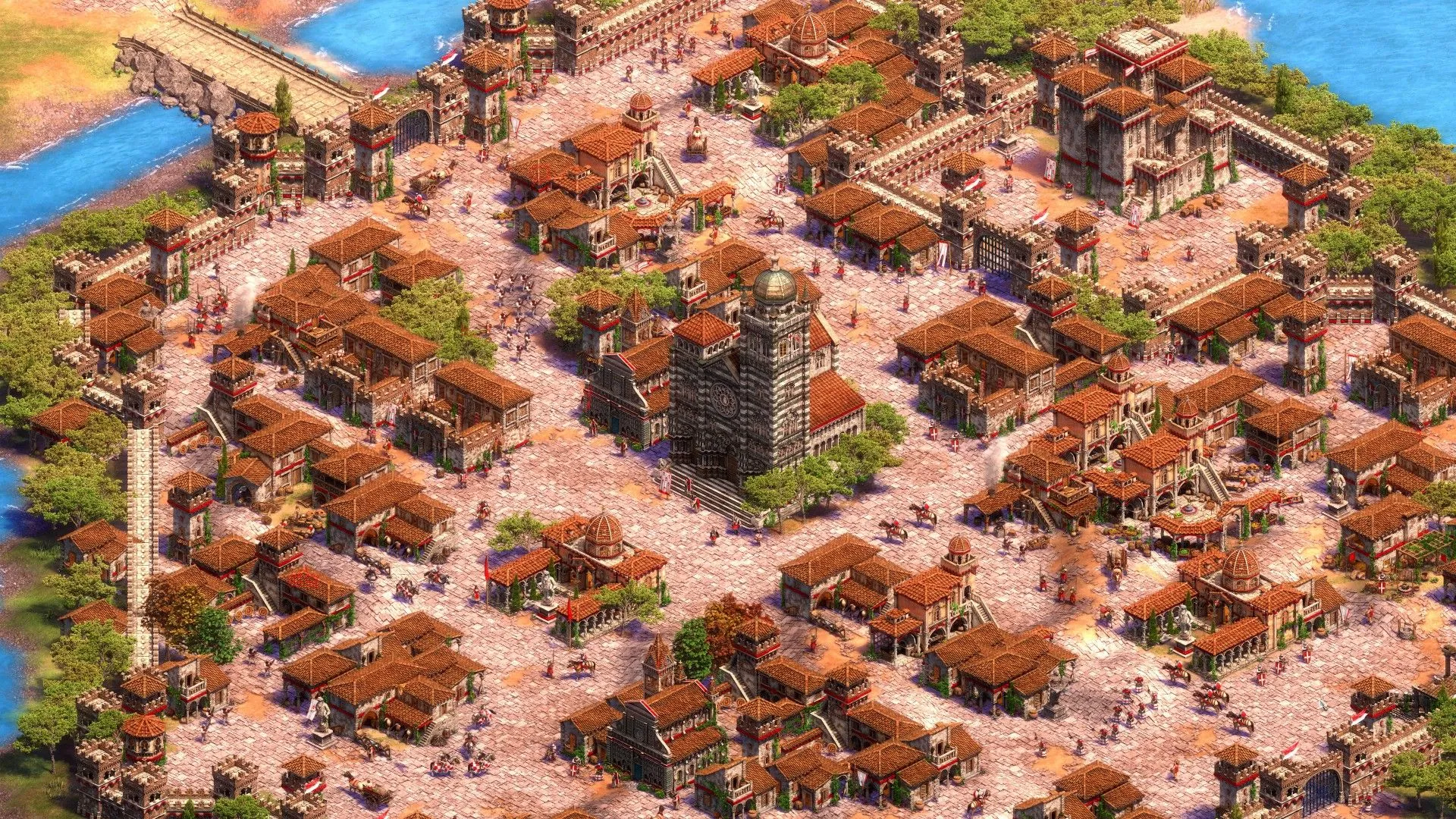 Một thành phố đông đúc với nhiều người qua lại trong Age of Empires 2.
