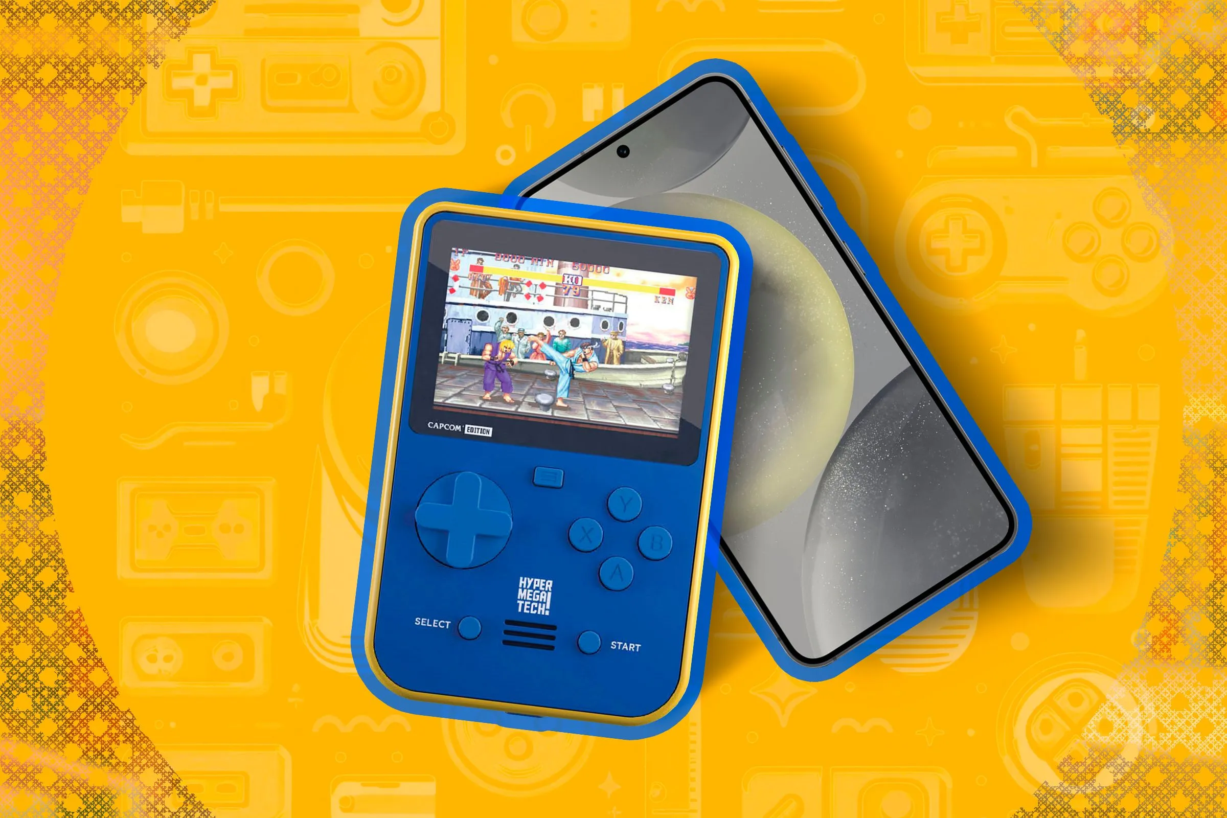 Một thiết bị chơi game cầm tay retro cùng với điện thoại thông minh đặt bên dưới