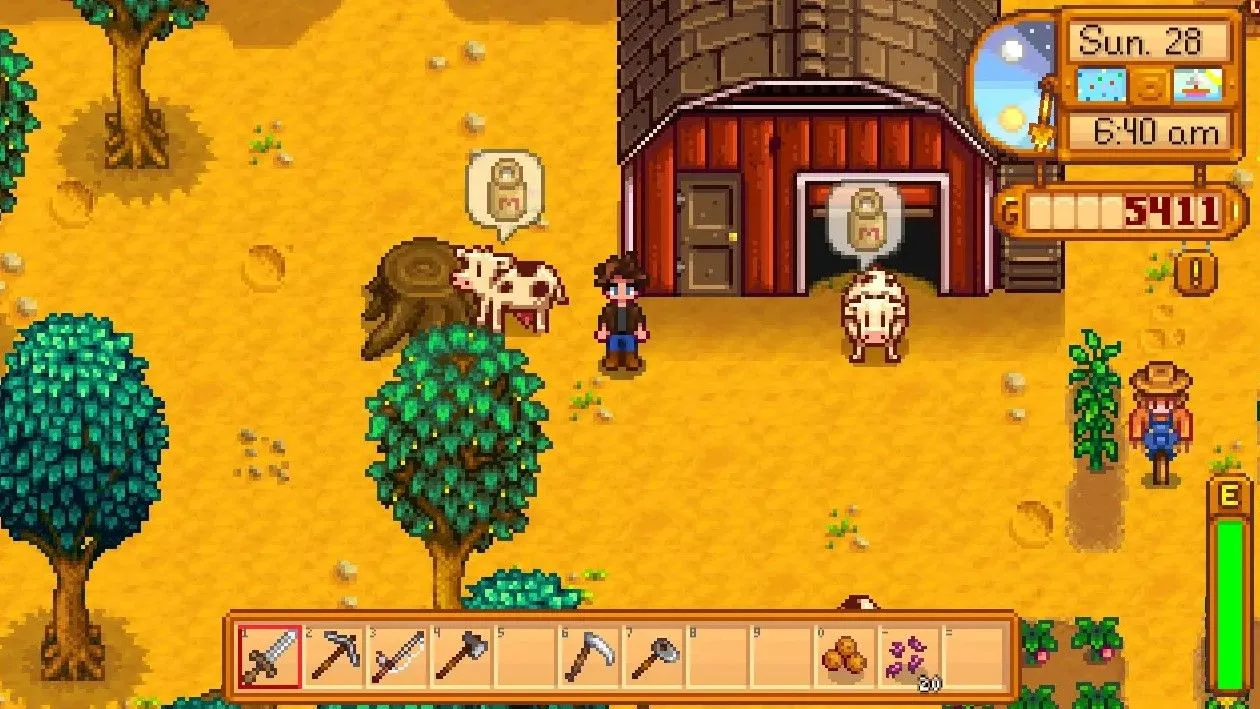 Một trang trại trong game Stardew Valley với những con bò có biểu tượng chỉ dẫn cần được chăm sóc hoặc sẵn sàng vắt sữa