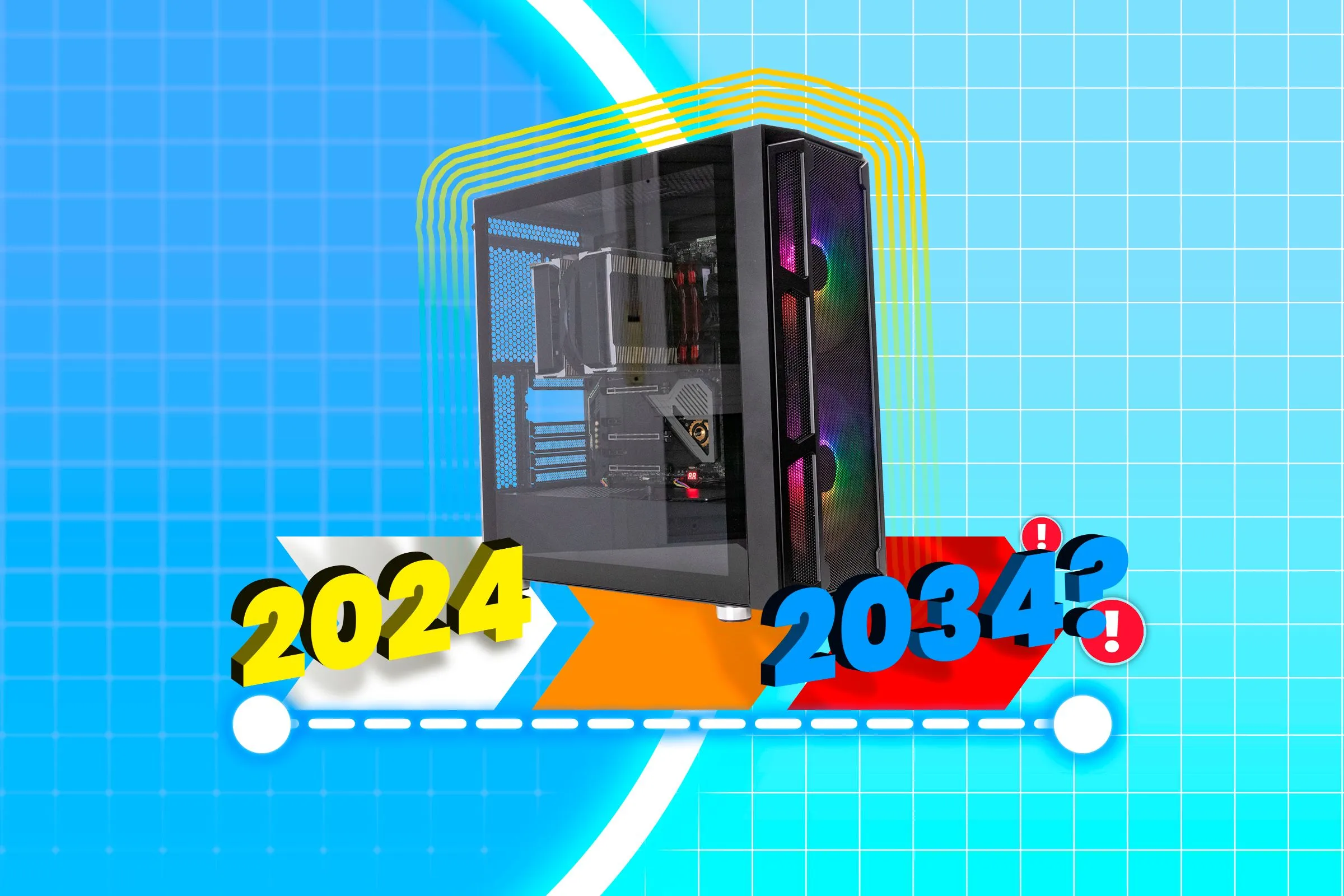 Một vỏ case PC gaming với dòng thời gian 10 năm bên dưới.
