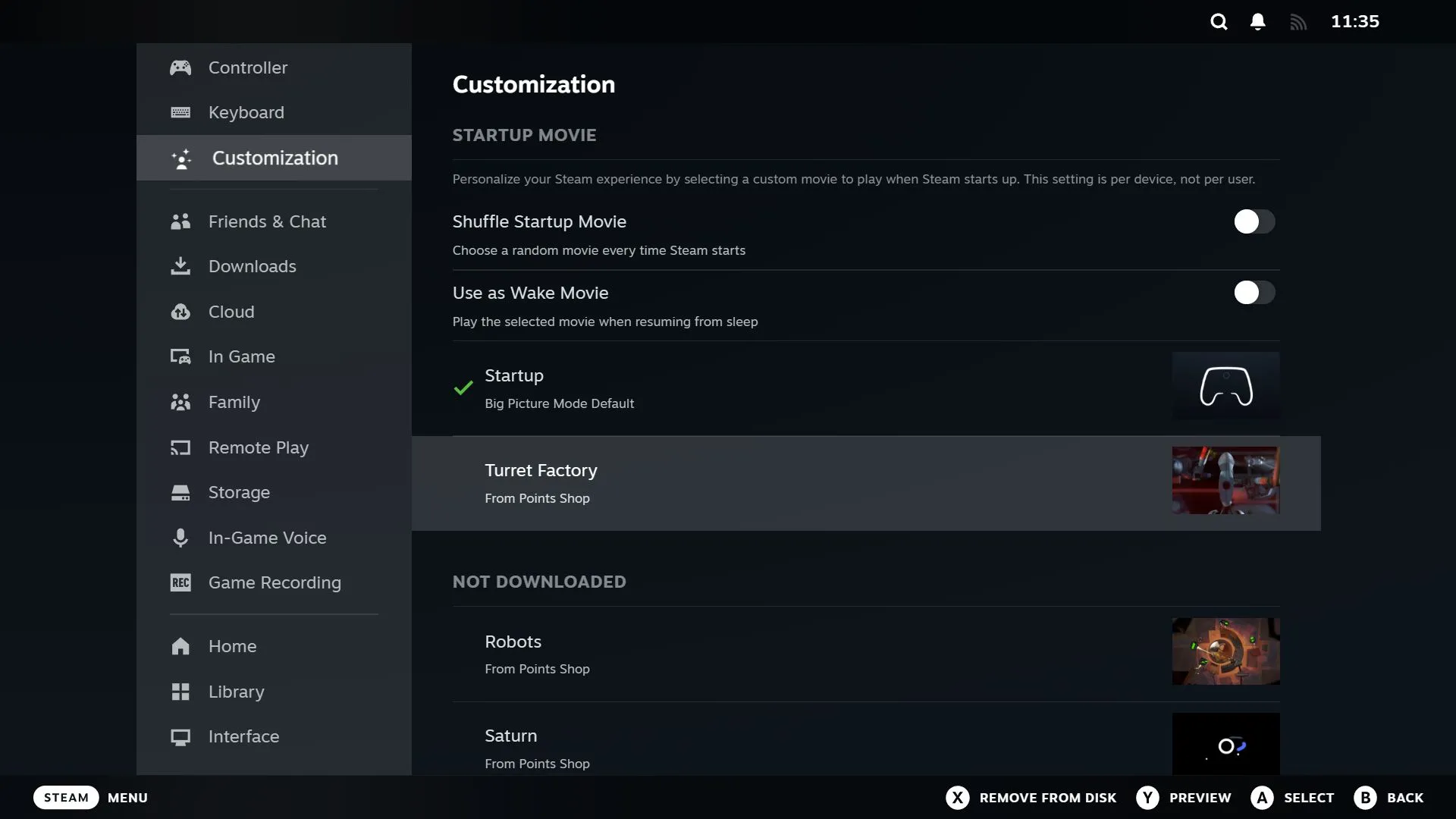 Mục cài đặt Tùy chỉnh Steam với một video khởi động cụ thể được chọn để kích hoạt