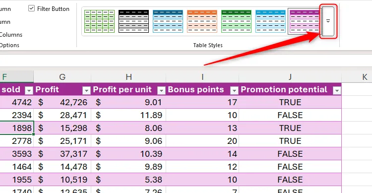 Mũi tên xuống trong nhóm Table Styles của tab Table Design trong Excel được chọn