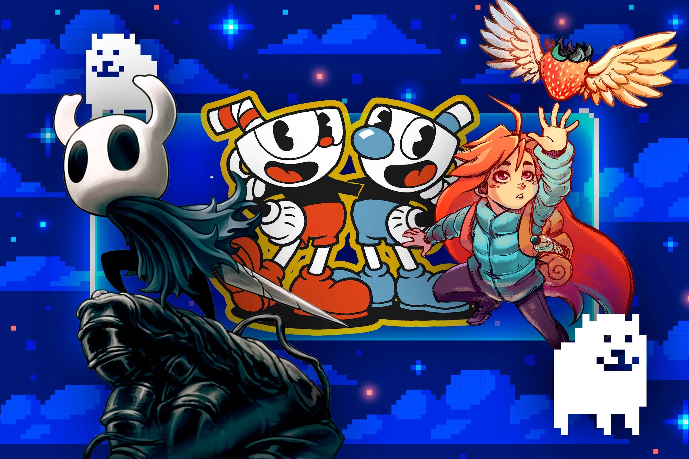 Nền mây pixel với các nhân vật game indie, biểu trưng cho sự sáng tạo và tự do trong phát triển game