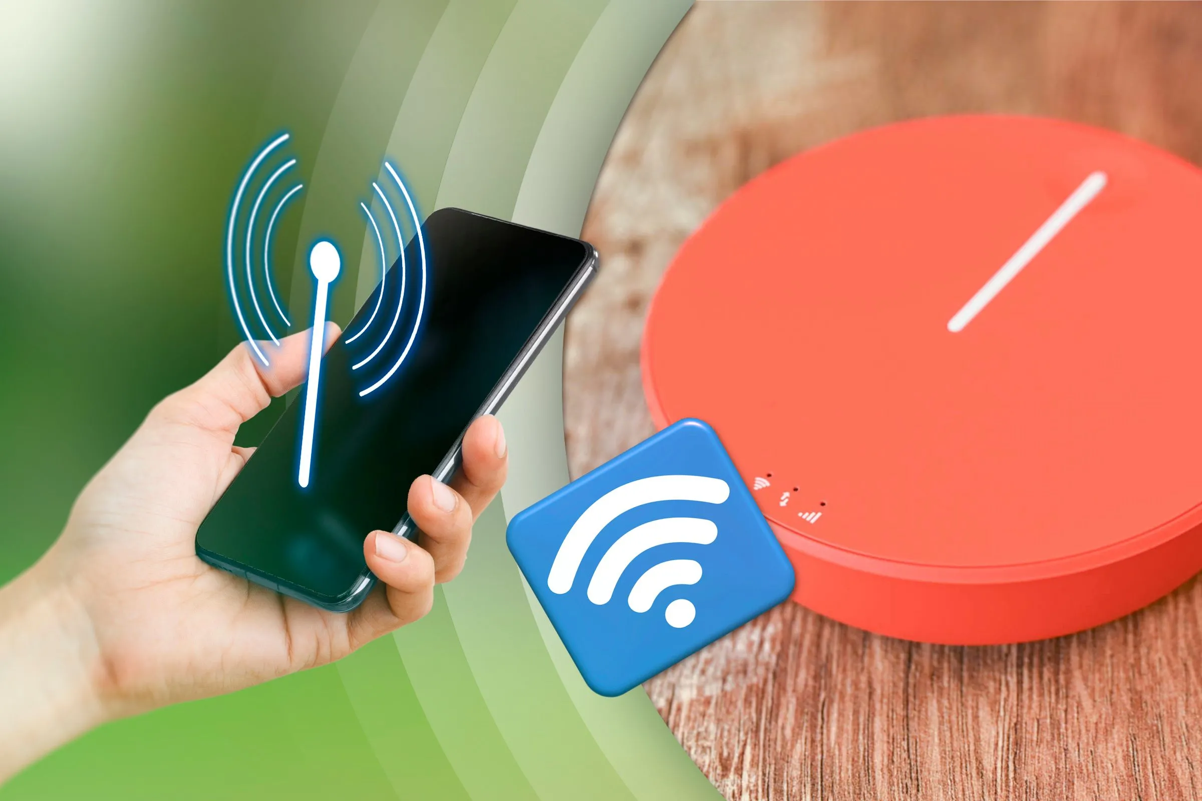 Người cầm điện thoại với biểu tượng hotspot, cạnh đó là điện thoại trên bàn kết nối Wi-Fi