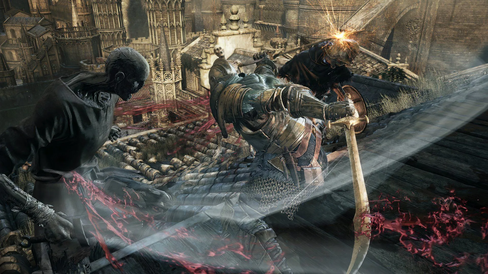 Người chơi chiến đấu chống lại nhiều kẻ thù trong một cảnh hành động từ Dark Souls III