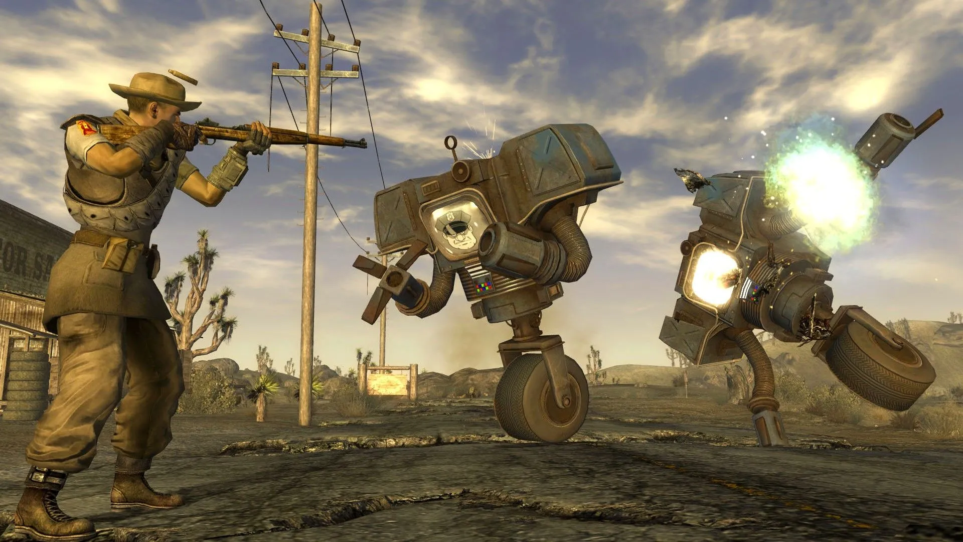 Người chơi chiến đấu với Securitrons tại sa mạc trong Fallout New Vegas