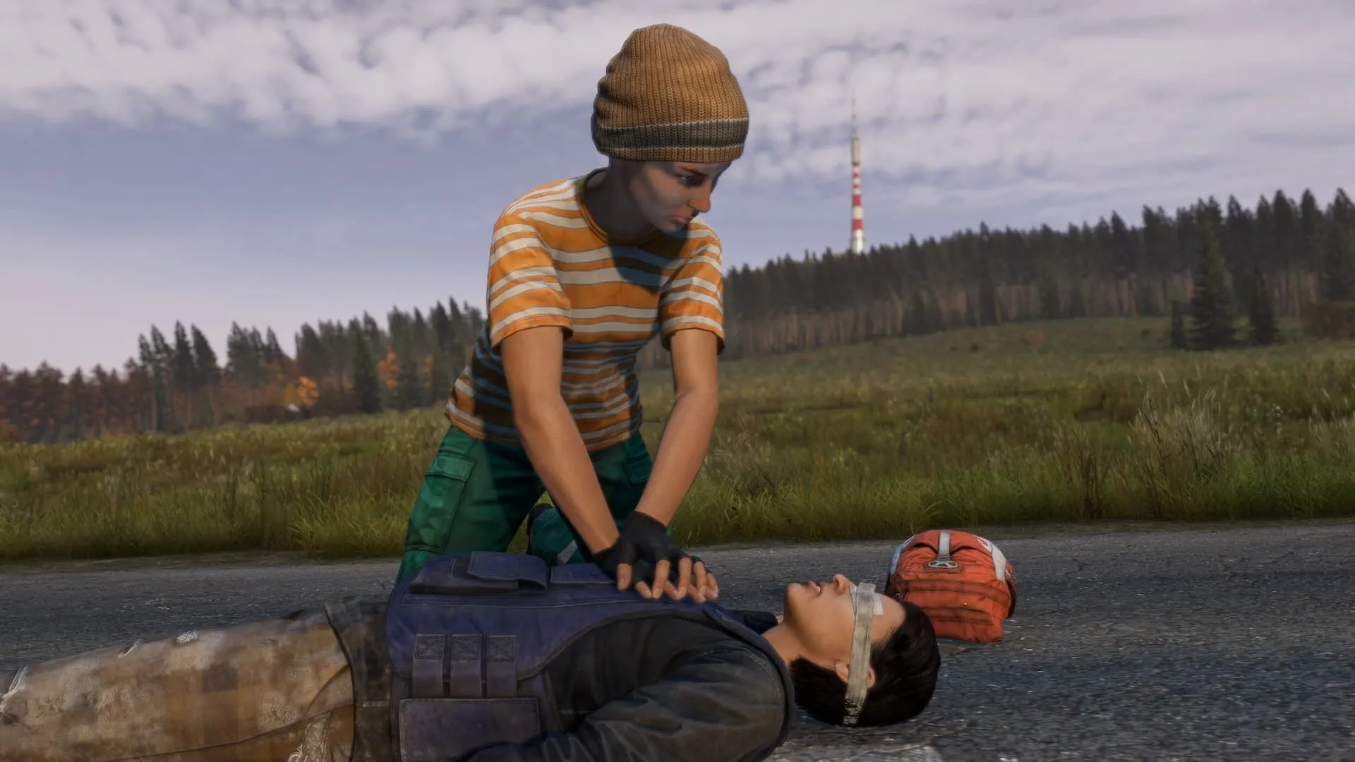 Người chơi DayZ hồi sinh đồng đội, thể hiện sự hợp tác nhờ voice chat khoảng cách trong môi trường sinh tồn khắc nghiệt.