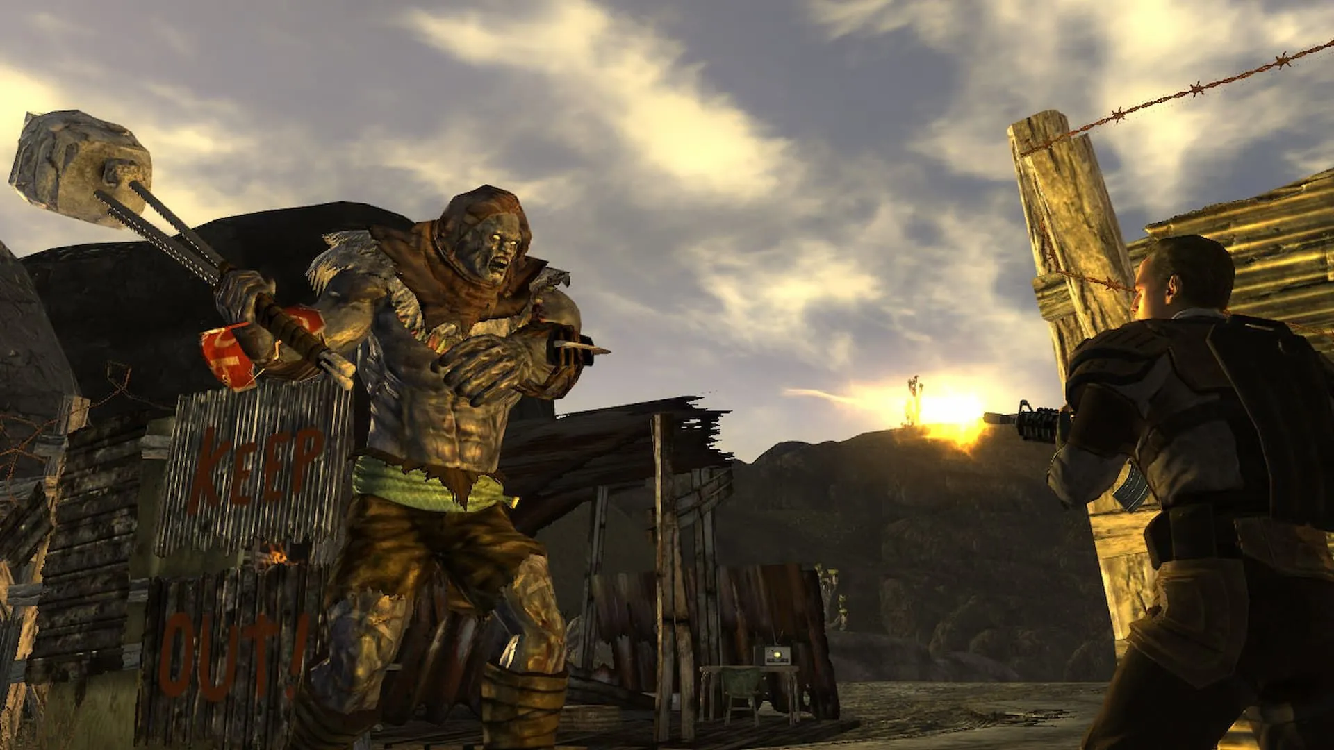 Người chơi Fallout: New Vegas bắn vào một Nightkin trong môi trường hoang mạc vào ban đêm