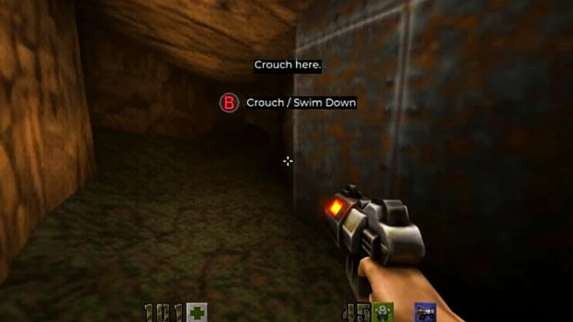 Người chơi Quake 2 trong môi trường hang động do AI tạo, gặp tình huống vô lý với nút lệnh không hoạt động, minh họa sự thiếu logic trong trải nghiệm game AI.