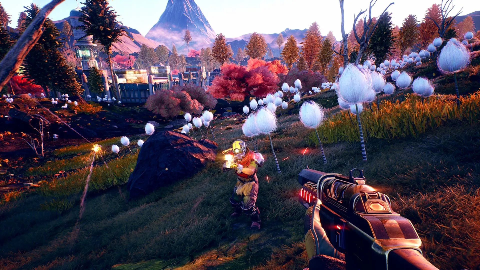 Người chơi The Outer Worlds bắn vào kẻ thù robot trong môi trường khoa học viễn tưởng