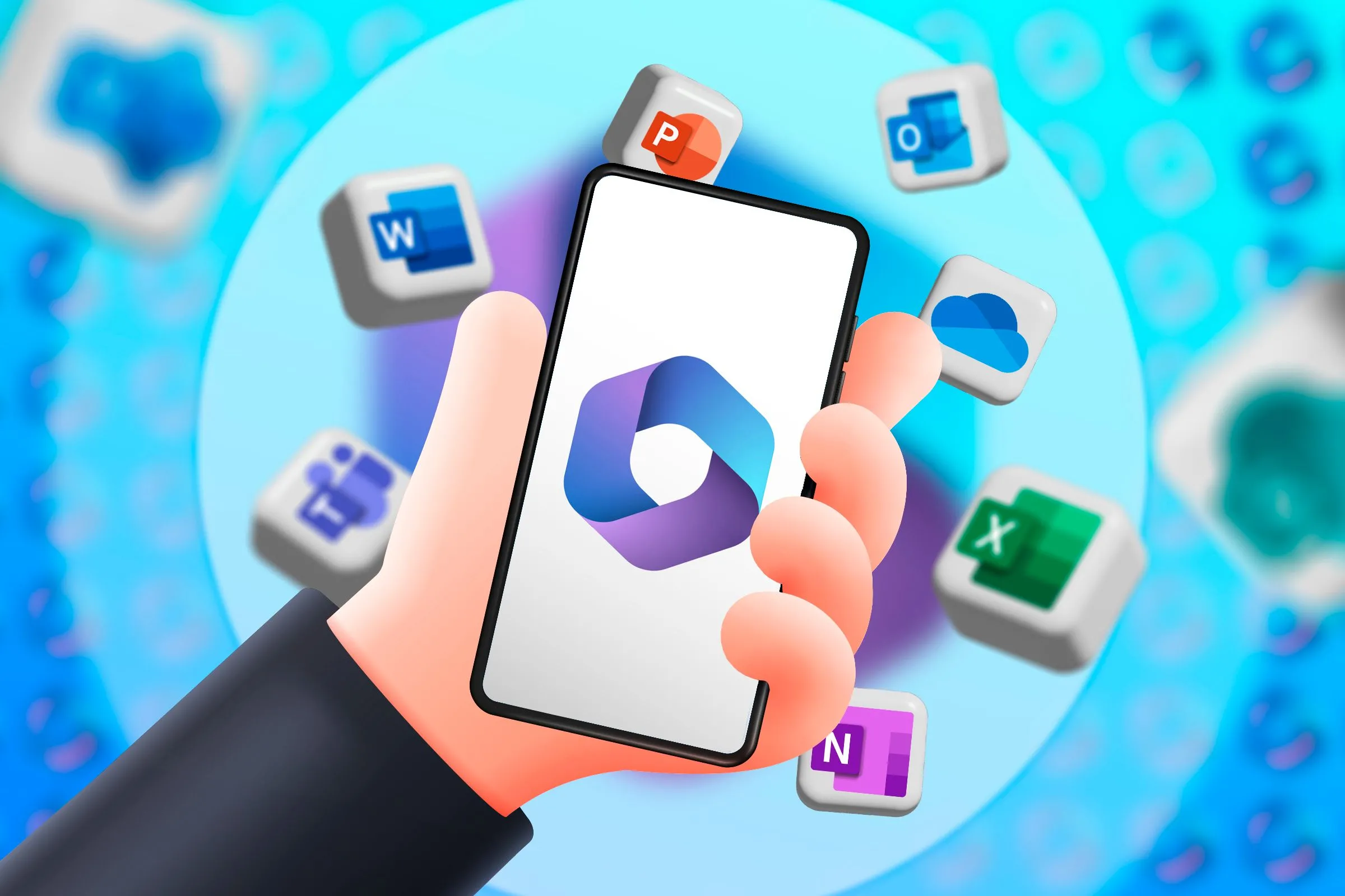 Người dùng đang cầm điện thoại hiển thị logo Microsoft 365 và các biểu tượng ứng dụng Office xung quanh.