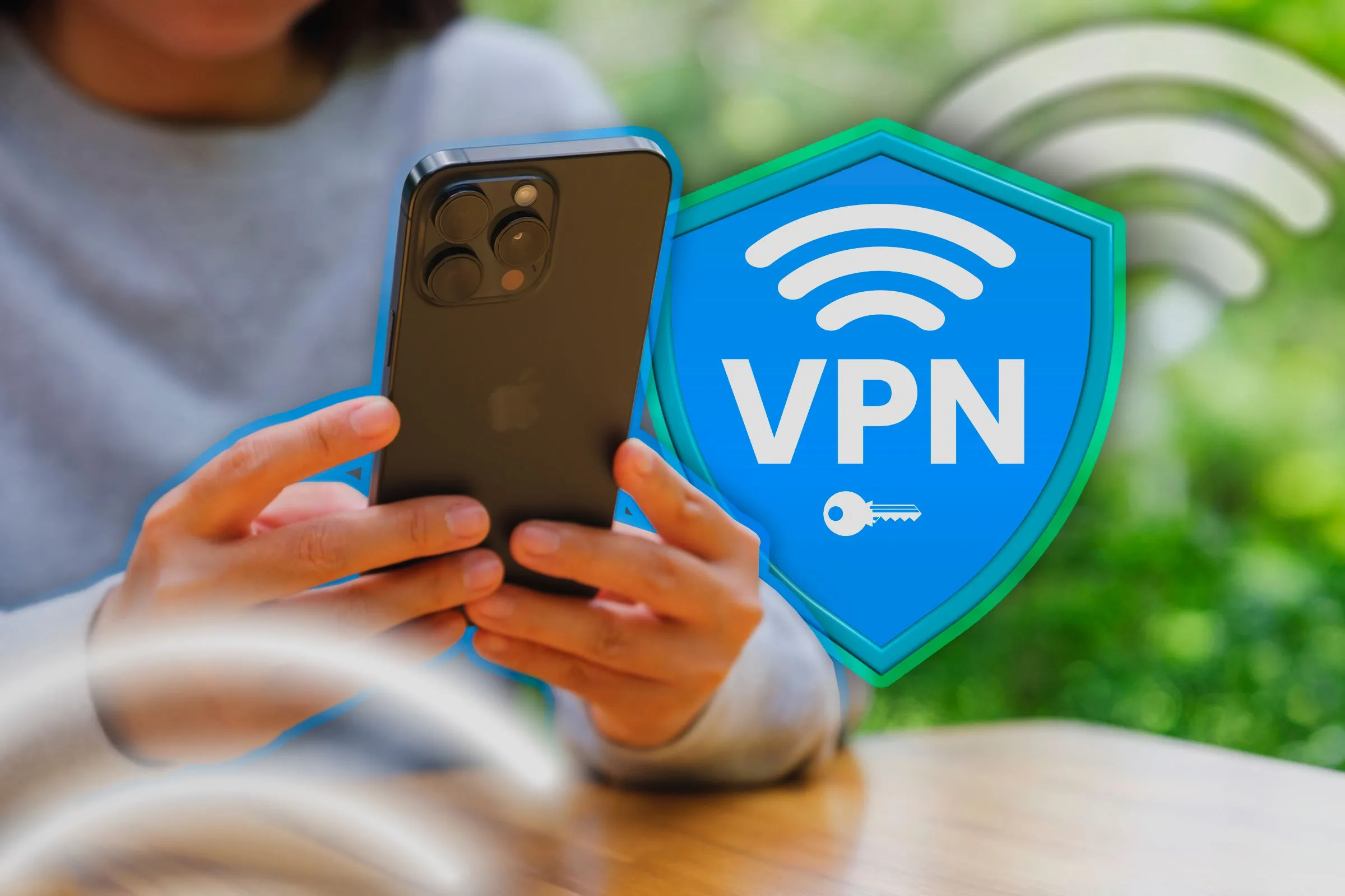 Người dùng iPhone với biểu tượng VPN, minh họa chức năng kết nối mạng riêng ảo