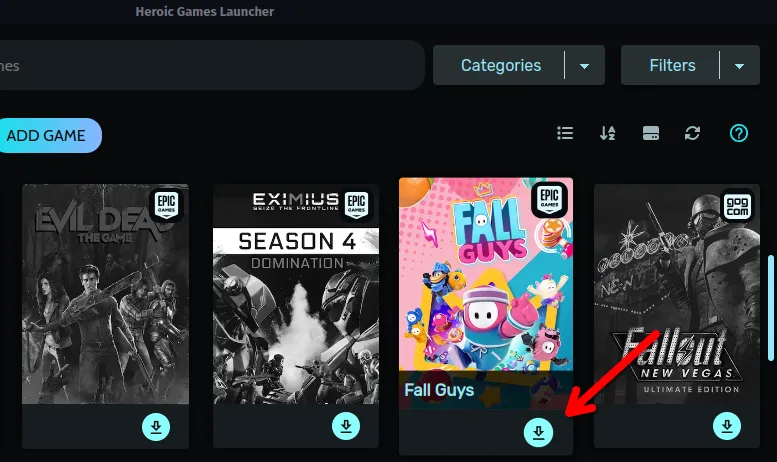 Nhấn nút Install (Cài đặt) cho Fall Guys trong Heroic Games Launcher