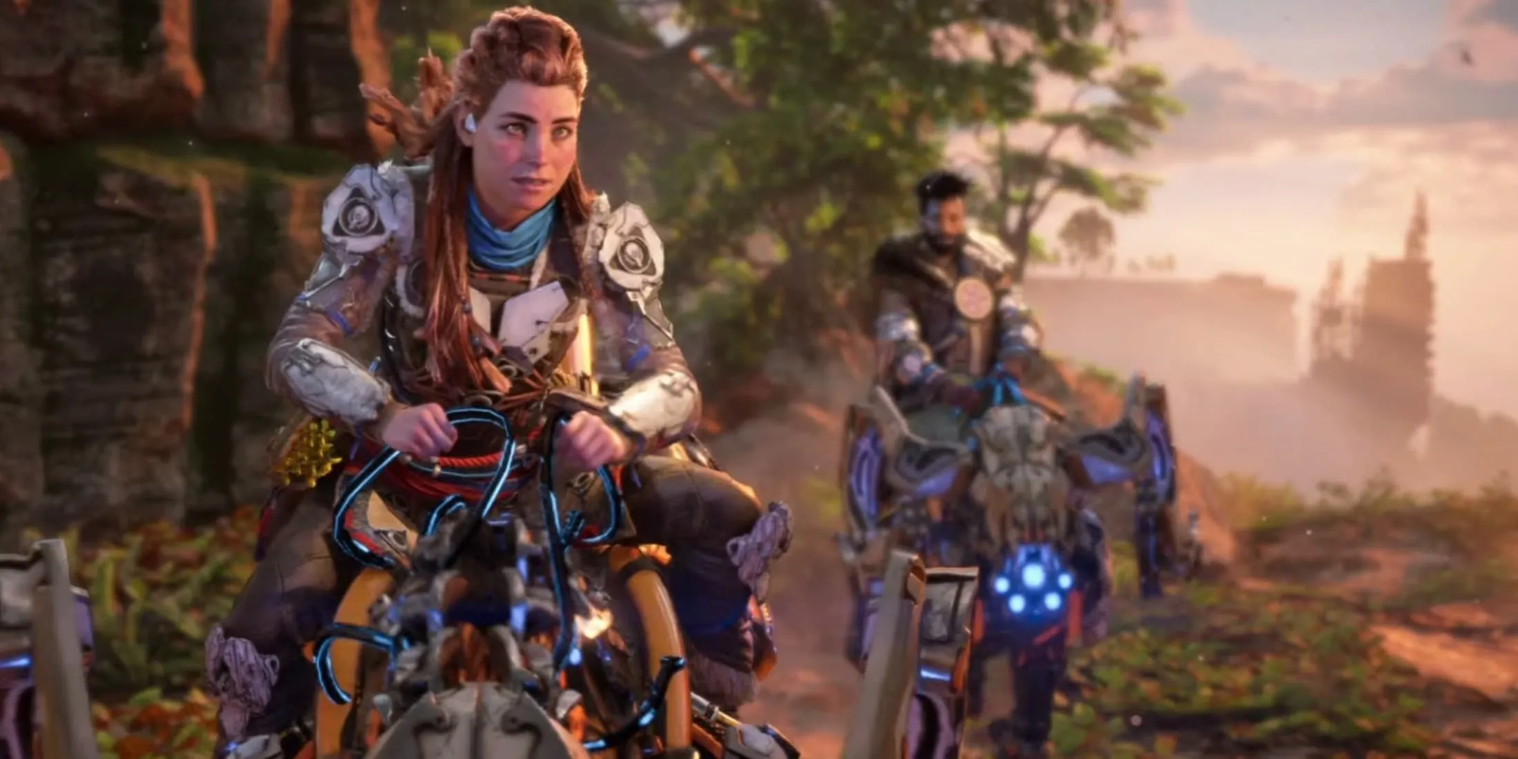 Nhân vật Aloy trên lưng thú máy trong một phân cảnh của game Horizon Forbidden West, minh họa trải nghiệm game nhập vai hiện đại.