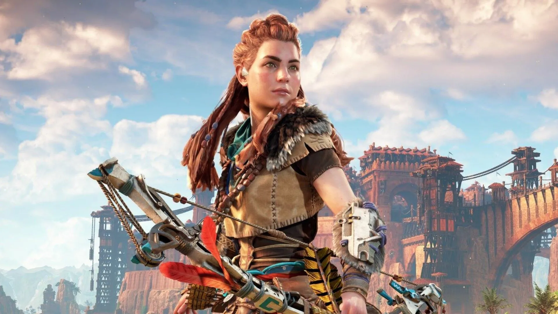Nhân vật Aloy trong khung cảnh The Daunt của Horizon: Forbidden West, lấy cảm hứng từ Vườn Quốc gia Zion