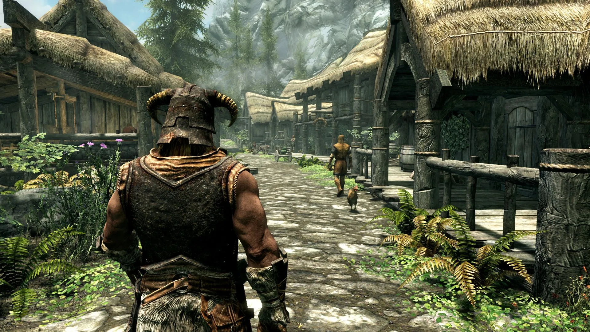 Nhân vật chính đang đi bộ trên con đường vắng vẻ ở Riverwood, Skyrim, bối cảnh một bí ẩn game