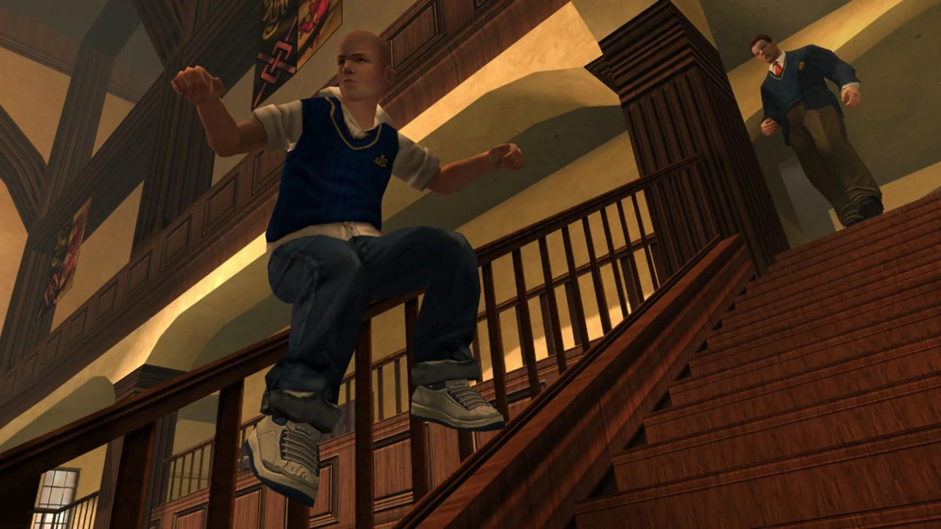 Nhân vật chính Jimmy Hopkins trượt trên lan can tại học viện Bullworth trong game Bully