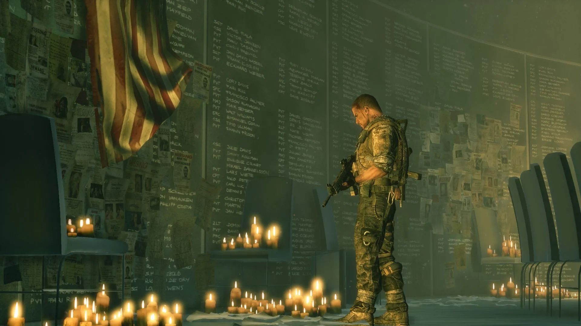 Nhân vật chính Martin Walker trong Spec Ops: The Line đứng trước bức tường tưởng niệm, phản ánh thông điệp chống chiến tranh của game.