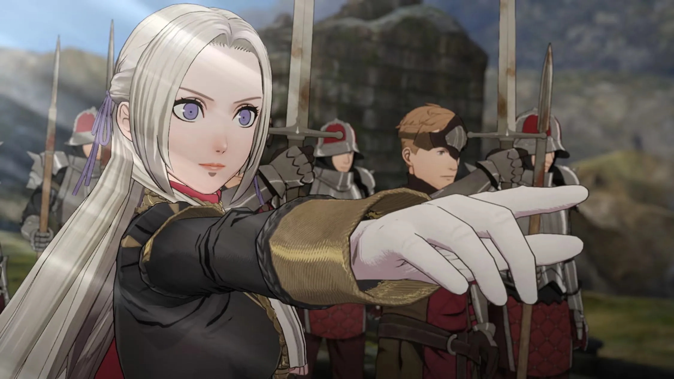 Nhân vật Edelgard chỉ tay trong cảnh cắt từ Fire Emblem Three Houses, minh họa game chiến thuật RPG.