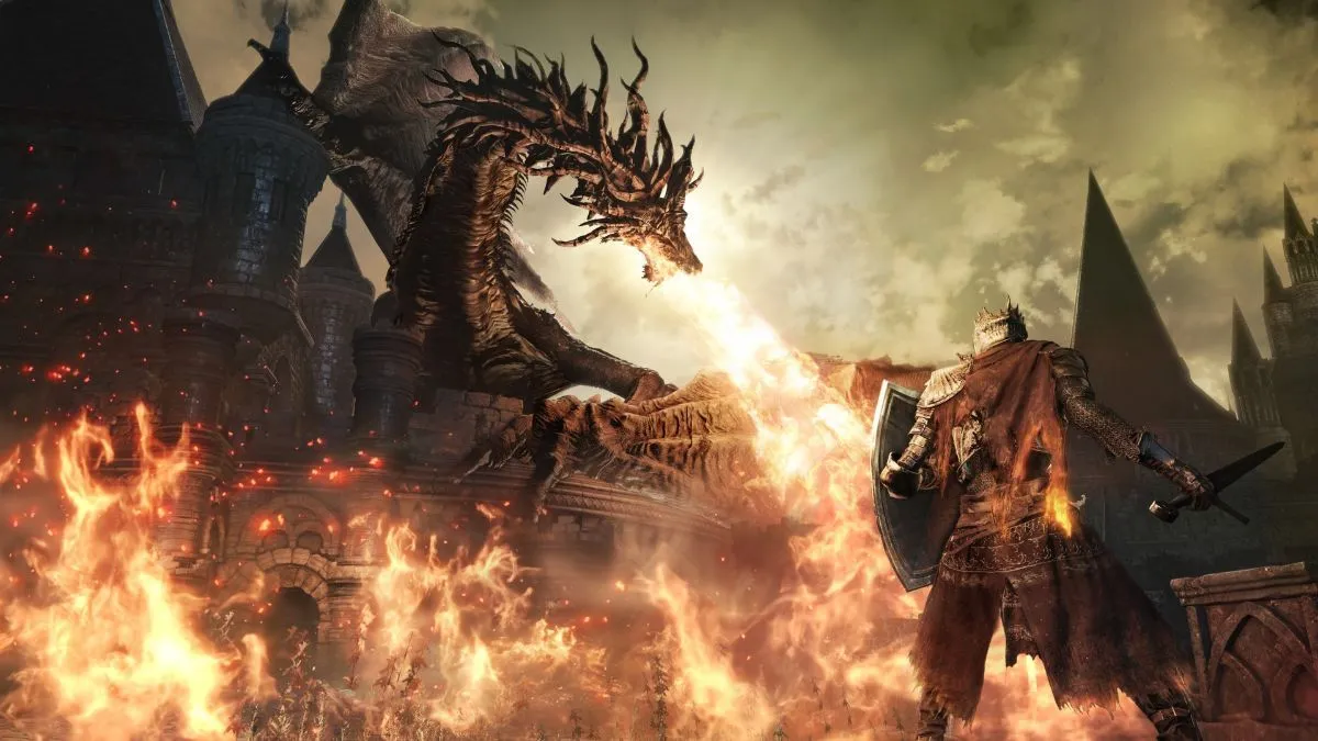 Nhân vật game thủ dị hợm trong Dark Souls 3 đang chiến đấu với rồng, thể hiện văn hóa tùy chỉnh nhân vật độc đáo