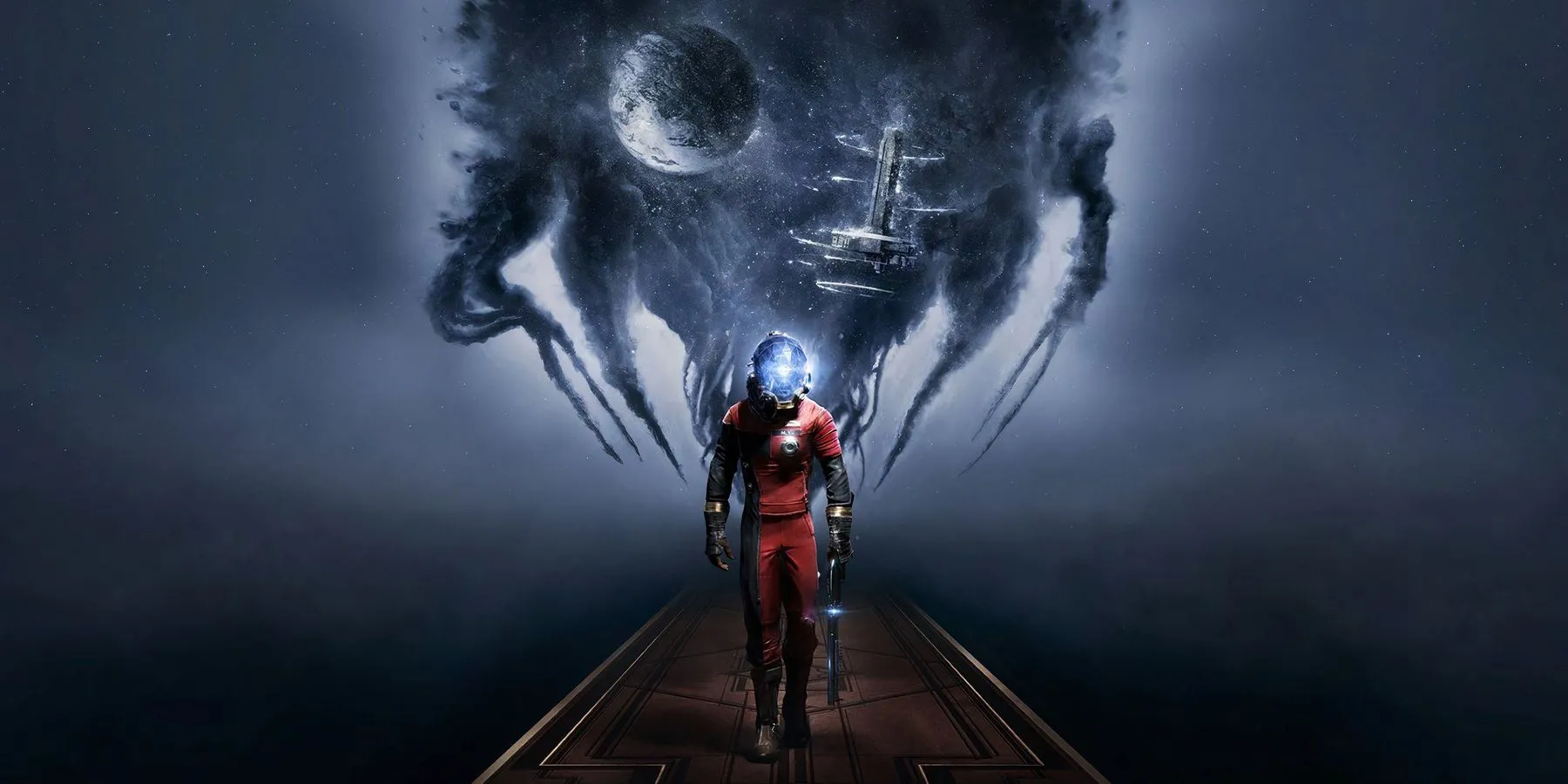 Nhân vật Morgan Yu trong Prey (2017) đối mặt với sinh vật Typhon trên trạm không gian Talos I, thể hiện lối chơi immersive sim độc đáo.