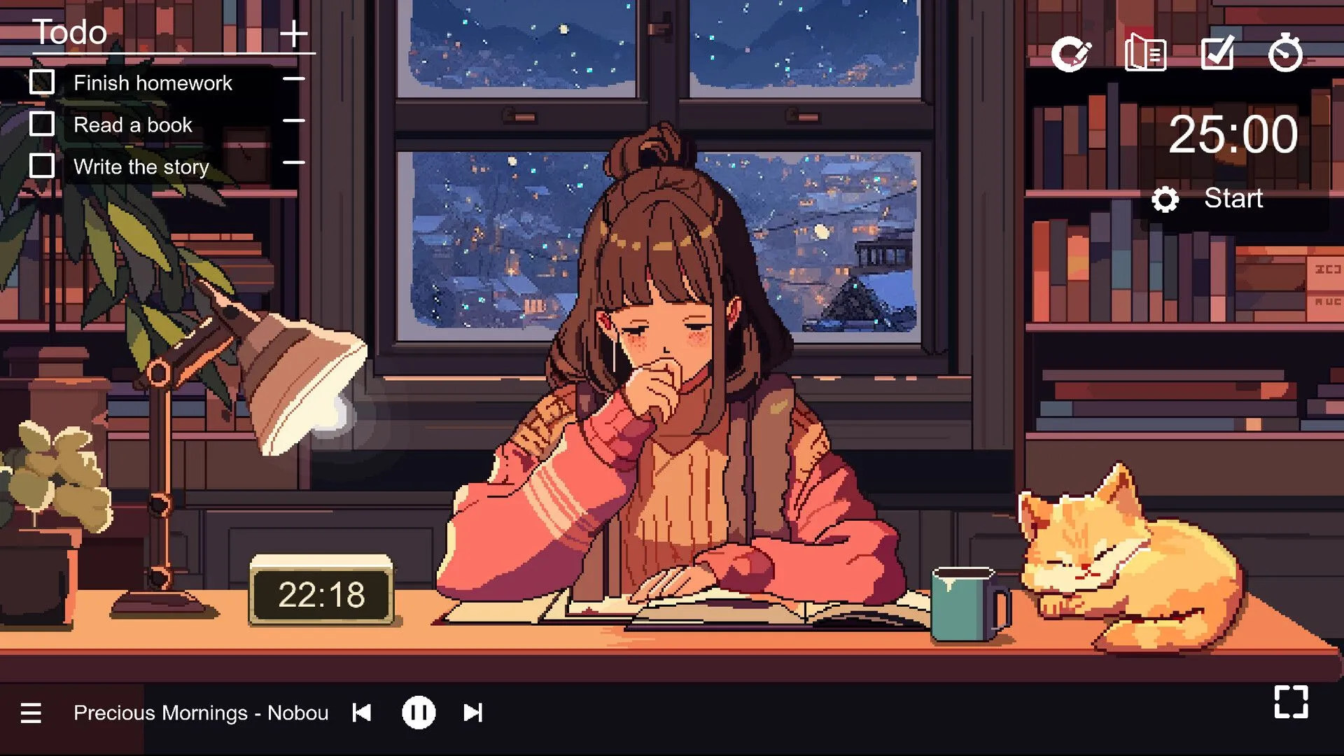 Nhân vật nữ trong Chill Pulse ngồi tại bàn làm việc, xem xét ghi chú trong môi trường pixel art, hỗ trợ tập trung
