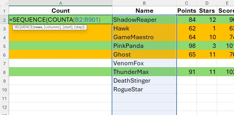 Nhập công thức kết hợp hàm SEQUENCE và COUNTA vào ô A2 trong Excel