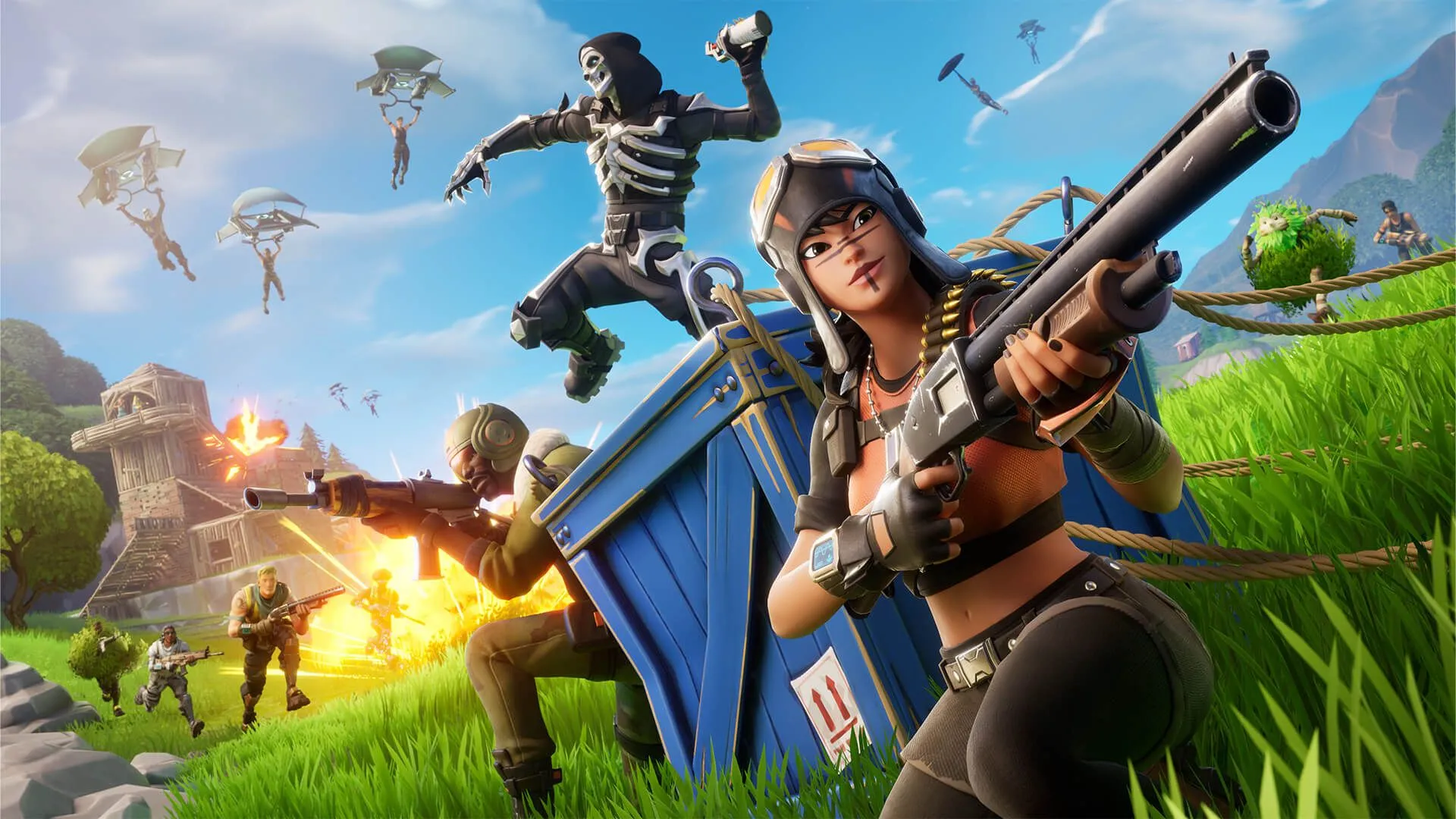 Nhiều nhân vật với vũ khí trong hình ảnh quảng bá cho Fortnite, thể hiện sự đa dạng về skin và phong cách của tựa game Battle Royale này.
