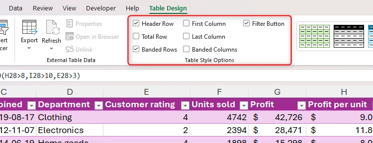 Nhóm Table Style Options trong tab Table Design của Excel