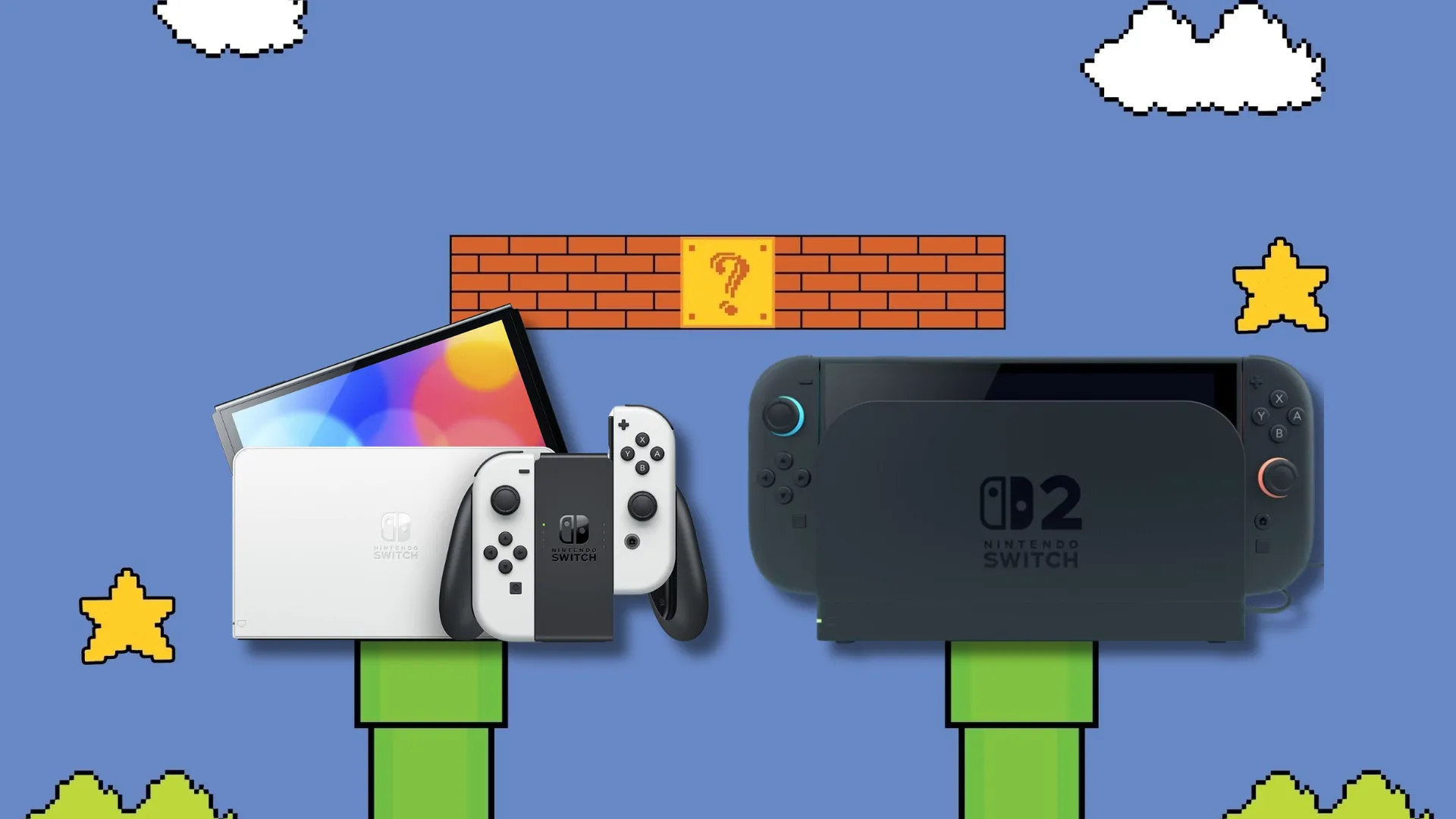 Nintendo Switch OLED và Switch 2 trên nền Super Mario