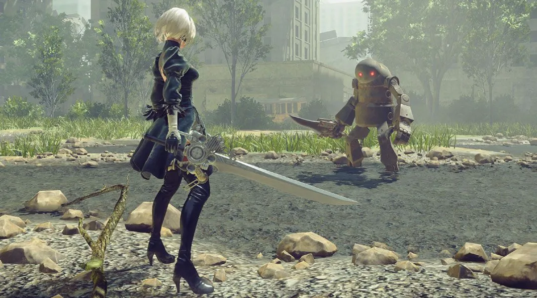 Nữ người máy 2B trong Nier Automata với phong cách chiến đấu ấn tượng, thể hiện sự kết hợp giữa hành động và chiều sâu cốt truyện.