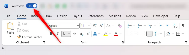 Nút AutoSave đã được kích hoạt trên thanh công cụ truy cập nhanh của Microsoft Word