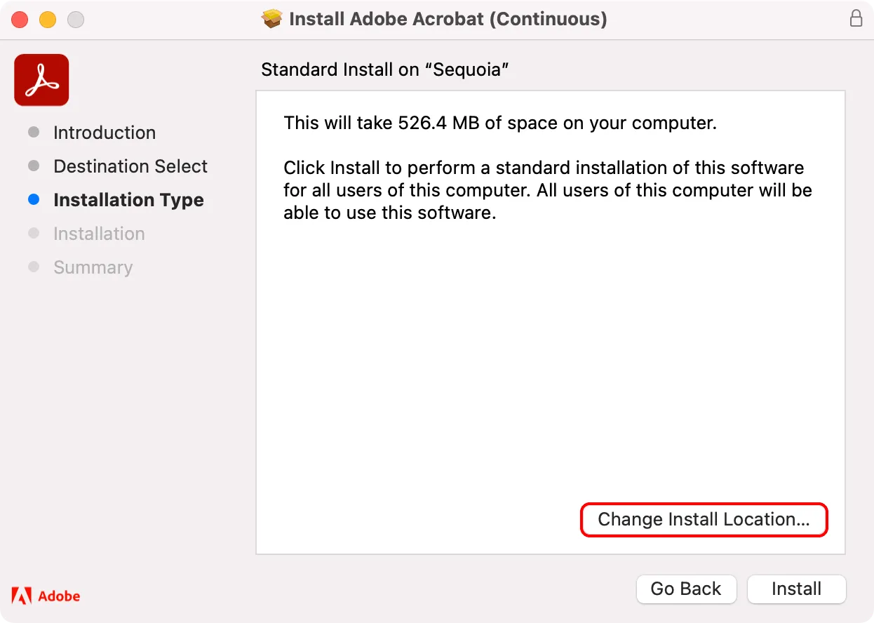 Nút &quot;Change Install Location&quot; trong trình cài đặt ứng dụng Adobe Acrobat trên macOS.