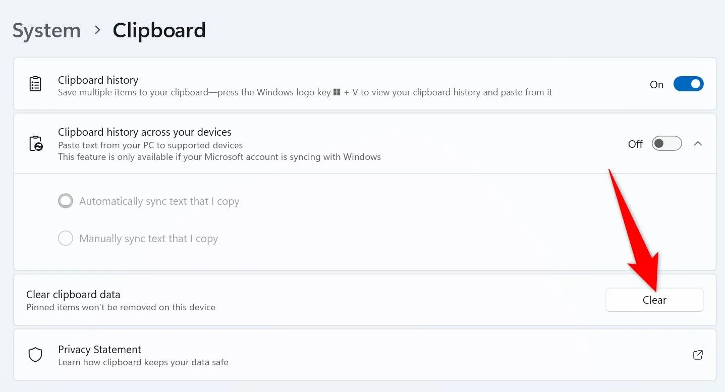 Nút Clear để xóa nội dung clipboard trong Cài đặt Windows 11