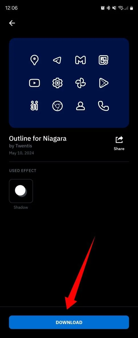 Nút Tải xuống (Download) lớn hiển thị trên màn hình Icon Pack Studio để tải gói biểu tượng đã chọn