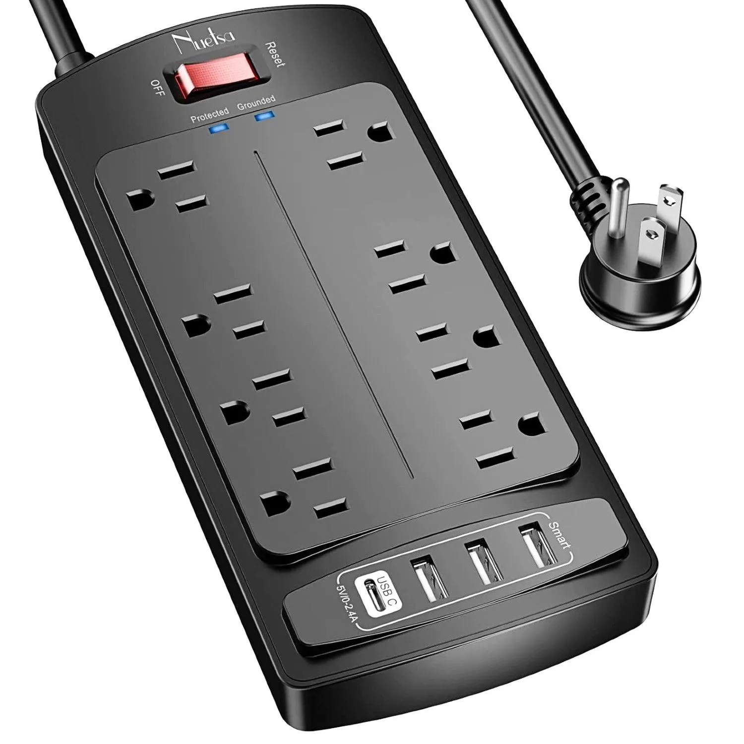 Ổ cắm điện chống sét lan truyền Nuetsa trên nền trắng, trang bị nhiều ổ cắm AC và cổng USB tiện lợi.