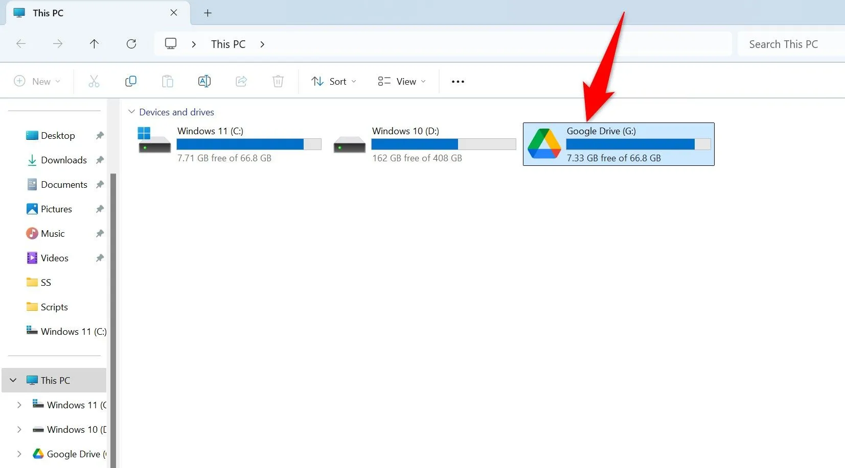 Ổ đĩa ảo Google Drive trong File Explorer của Windows 11