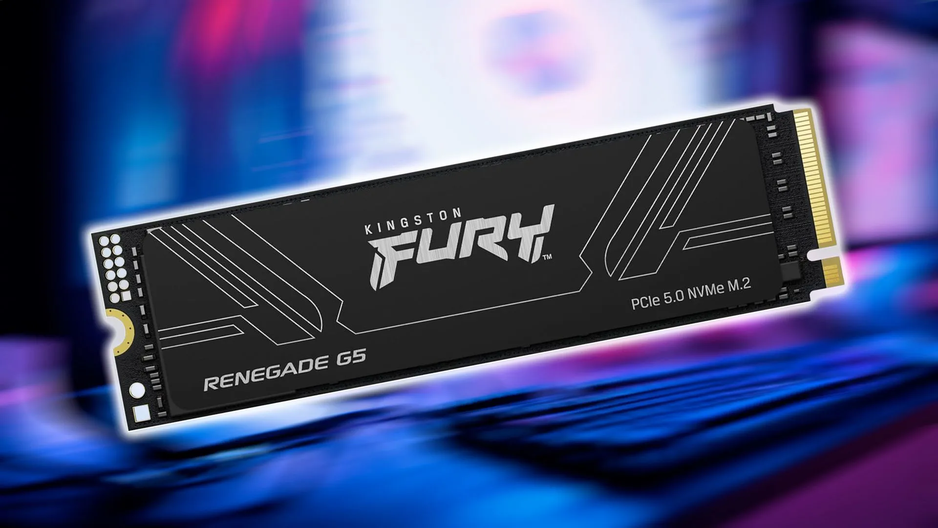 Ổ SSD Kingston FURY Renegade G5 với heatsink màu đen, logo FURY màu đỏ, nổi bật trên nền tối