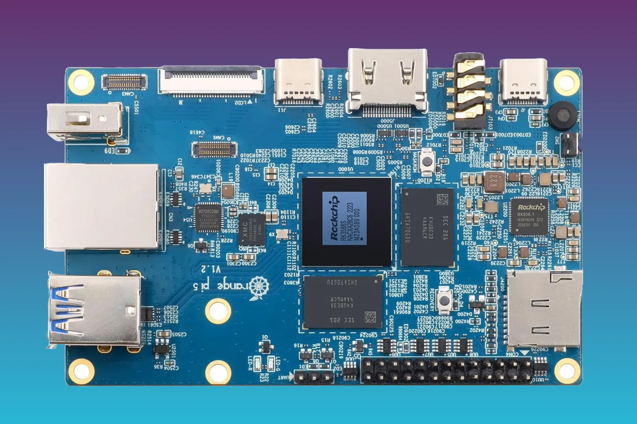 Orange Pi 5 trên nền màu tím