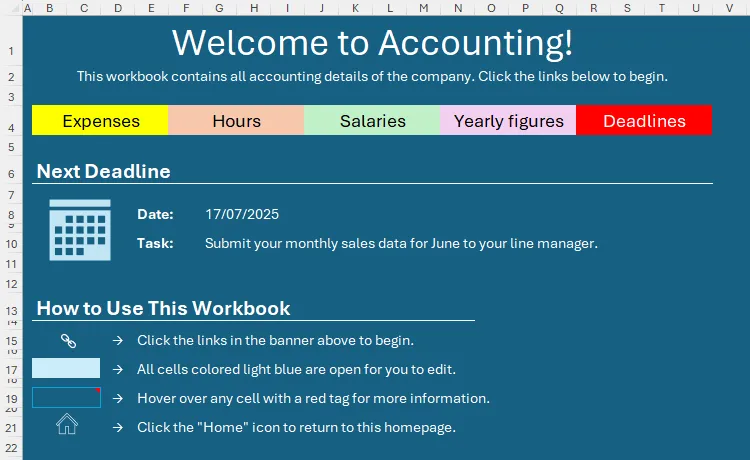 Phần &quot;Cách sử dụng bảng tính này&quot; trên trang chủ Excel, giải thích các quy ước và tính năng quan trọng.