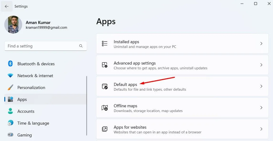 Phần &quot;Default Apps&quot; (Ứng dụng mặc định) trong Cài đặt Windows 11 để thay đổi chương trình mở file.