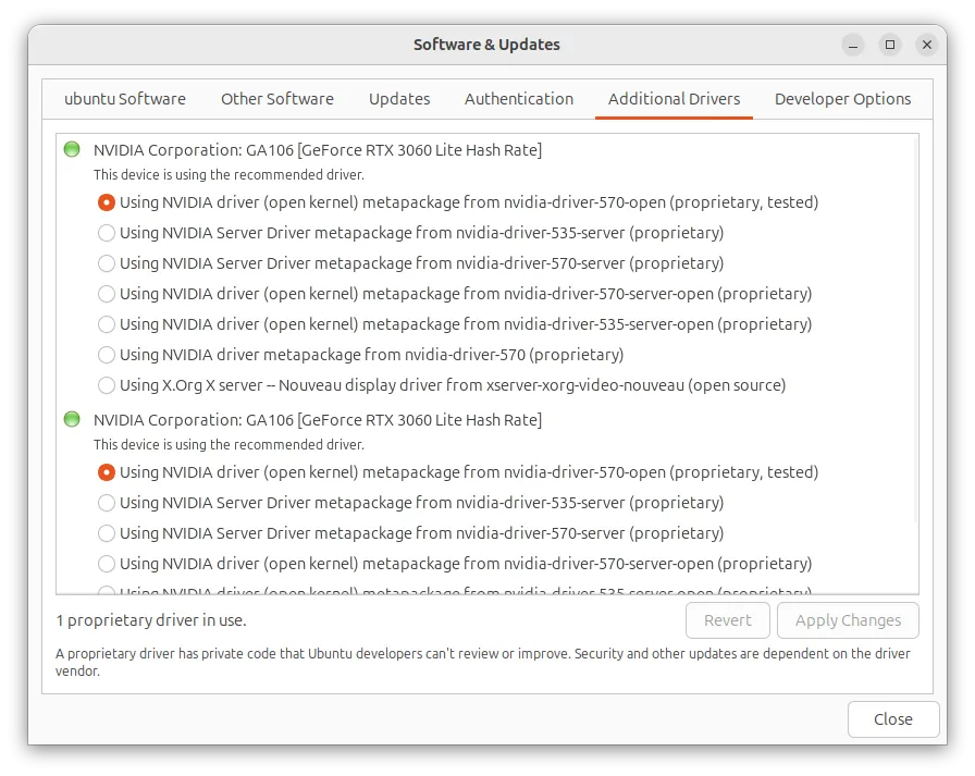 Phần driver phần cứng trong Ubuntu Software và Updater