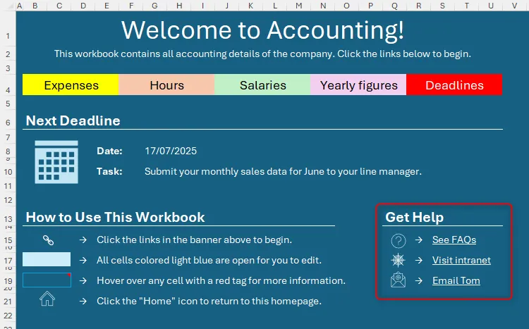 Phần &quot;Get Help&quot; trên trang chủ Excel, cung cấp các tùy chọn hỗ trợ như FAQs, Intranet và email.